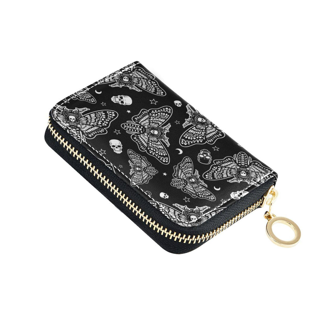 Sletend RFID Credit Card Holder Skull Moth Leather With Zipper Card Case Wallet for Women Girls